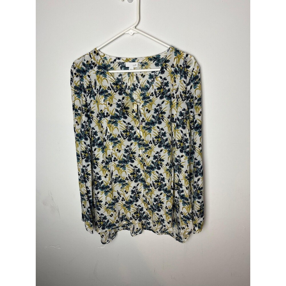 J.Jill Blouse Womens Large White Blue Floral Bird Print Long Sleeve Tunic V Neck